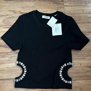 Sandro Black Short Sleeve Top with Jeweled Cutouts